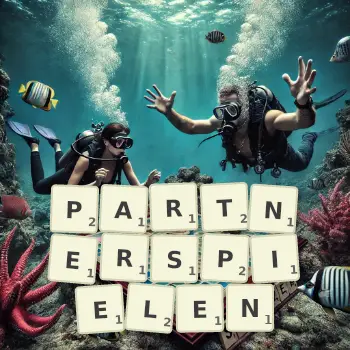 Kreative Illustration für ein Scrabble-Spiel, bei dem das Wort PARTNERSPIELEN mit Steinen auf dem Brett gelegt wurde.