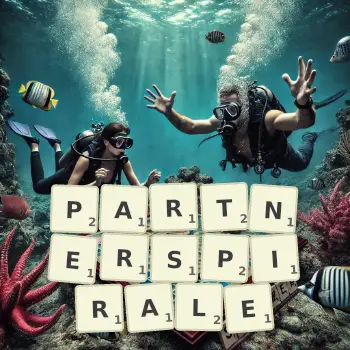 Kreative Illustration für ein Scrabble-Spiel, bei dem das Wort PARTNERSPIRALE mit Steinen auf dem Brett gelegt wurde.
