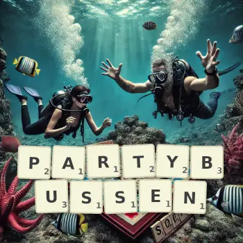 Kreative Illustration für ein Scrabble-Spiel, bei dem das Wort PARTYBUSSEN mit Steinen auf dem Brett gelegt wurde.