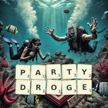 Kreative Illustration für ein Scrabble-Spiel, bei dem das Wort PARTYDROGE mit Steinen auf dem Brett gelegt wurde.