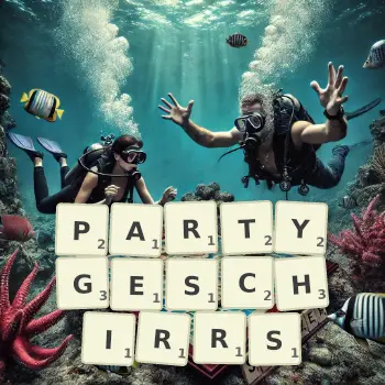 Kreative Illustration für ein Scrabble-Spiel, bei dem das Wort PARTYGESCHIRRS mit Steinen auf dem Brett gelegt wurde.