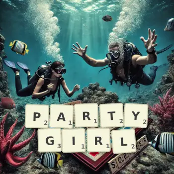 Kreative Illustration für ein Scrabble-Spiel, bei dem das Wort PARTYGIRL mit Steinen auf dem Brett gelegt wurde.