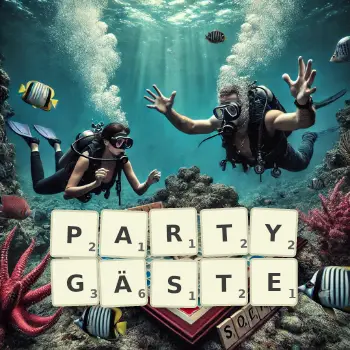Kreative Illustration für ein Scrabble-Spiel, bei dem das Wort PARTYGÄSTE mit Steinen auf dem Brett gelegt wurde.