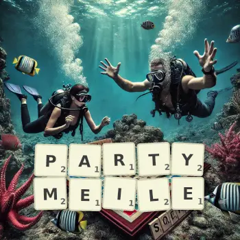Kreative Illustration für ein Scrabble-Spiel, bei dem das Wort PARTYMEILE mit Steinen auf dem Brett gelegt wurde.