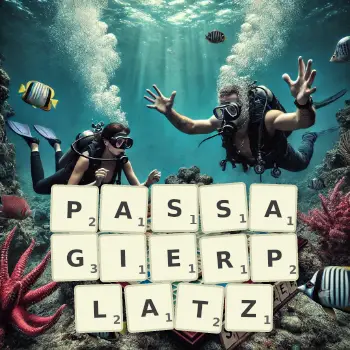 Kreative Illustration für ein Scrabble-Spiel, bei dem das Wort PASSAGIERPLATZ mit Steinen auf dem Brett gelegt wurde.