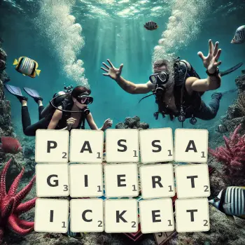 Kreative Illustration für ein Scrabble-Spiel, bei dem das Wort PASSAGIERTICKET mit Steinen auf dem Brett gelegt wurde.