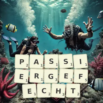 Kreative Illustration für ein Scrabble-Spiel, bei dem das Wort PASSIERGEFECHT mit Steinen auf dem Brett gelegt wurde.