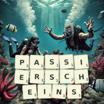 Kreative Illustration für ein Scrabble-Spiel, bei dem das Wort PASSIERSCHEINS mit Steinen auf dem Brett gelegt wurde.