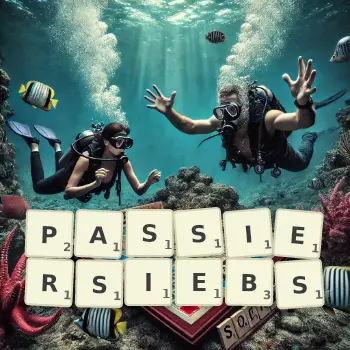 Kreative Illustration für ein Scrabble-Spiel, bei dem das Wort PASSIERSIEBS mit Steinen auf dem Brett gelegt wurde.