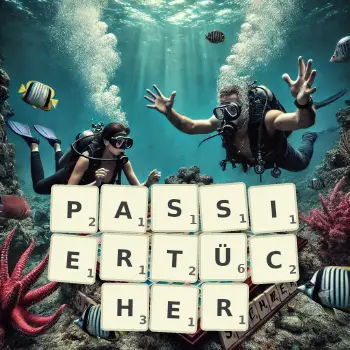 Kreative Illustration für ein Scrabble-Spiel, bei dem das Wort PASSIERTÜCHER mit Steinen auf dem Brett gelegt wurde.