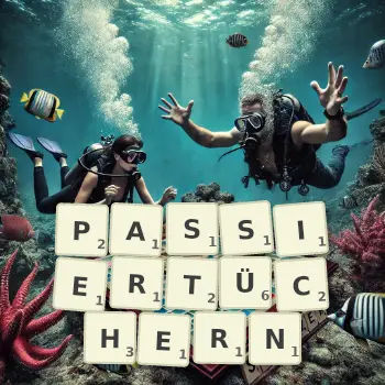 Kreative Illustration für ein Scrabble-Spiel, bei dem das Wort PASSIERTÜCHERN mit Steinen auf dem Brett gelegt wurde.