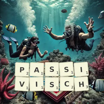 Kreative Illustration für ein Scrabble-Spiel, bei dem das Wort PASSIVISCH mit Steinen auf dem Brett gelegt wurde.