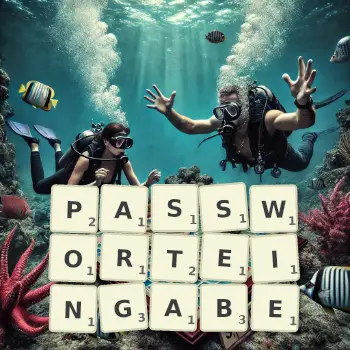 Kreative Illustration für ein Scrabble-Spiel, bei dem das Wort PASSWORTEINGABE mit Steinen auf dem Brett gelegt wurde.