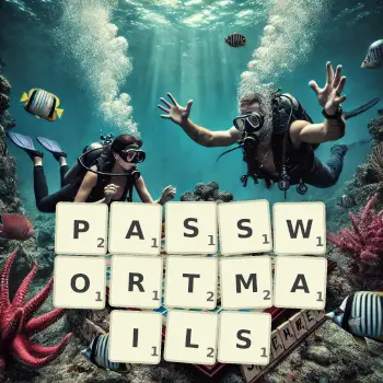 Kreative Illustration für ein Scrabble-Spiel, bei dem das Wort PASSWORTMAILS mit Steinen auf dem Brett gelegt wurde.