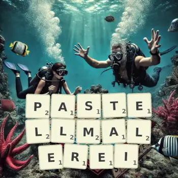 Kreative Illustration für ein Scrabble-Spiel, bei dem das Wort PASTELLMALEREI mit Steinen auf dem Brett gelegt wurde.