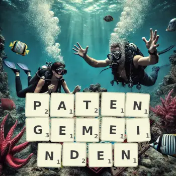 Kreative Illustration für ein Scrabble-Spiel, bei dem das Wort PATENGEMEINDEN mit Steinen auf dem Brett gelegt wurde.