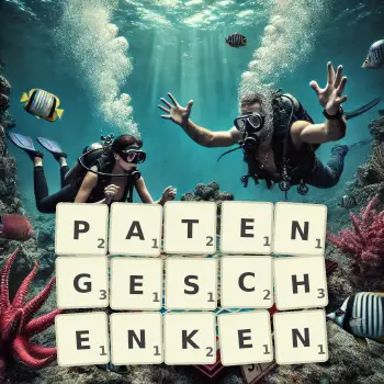 Kreative Illustration für ein Scrabble-Spiel, bei dem das Wort PATENGESCHENKEN mit Steinen auf dem Brett gelegt wurde.