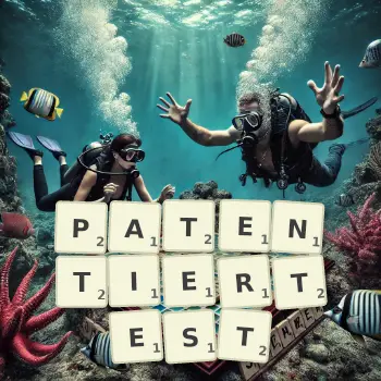 Kreative Illustration für ein Scrabble-Spiel, bei dem das Wort PATENTIERTEST mit Steinen auf dem Brett gelegt wurde.