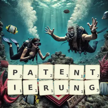 Kreative Illustration für ein Scrabble-Spiel, bei dem das Wort PATENTIERUNG mit Steinen auf dem Brett gelegt wurde.