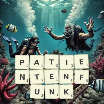 Kreative Illustration für ein Scrabble-Spiel, bei dem das Wort PATIENTENFUNK mit Steinen auf dem Brett gelegt wurde.