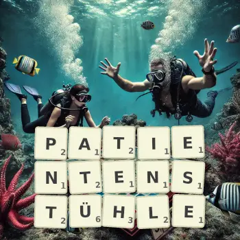 Kreative Illustration für ein Scrabble-Spiel, bei dem das Wort PATIENTENSTÜHLE mit Steinen auf dem Brett gelegt wurde.