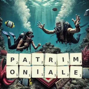 Kreative Illustration für ein Scrabble-Spiel, bei dem das Wort PATRIMONIALE mit Steinen auf dem Brett gelegt wurde.