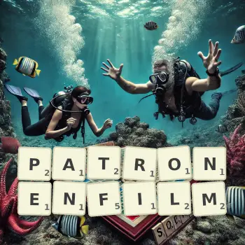 Kreative Illustration für ein Scrabble-Spiel, bei dem das Wort PATRONENFILM mit Steinen auf dem Brett gelegt wurde.