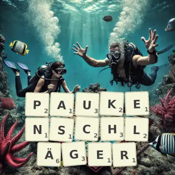 Kreative Illustration für ein Scrabble-Spiel, bei dem das Wort PAUKENSCHLÄGER mit Steinen auf dem Brett gelegt wurde.