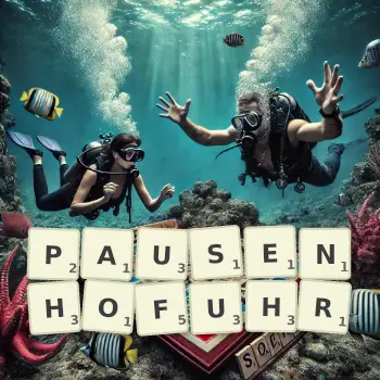 Kreative Illustration für ein Scrabble-Spiel, bei dem das Wort PAUSENHOFUHR mit Steinen auf dem Brett gelegt wurde.