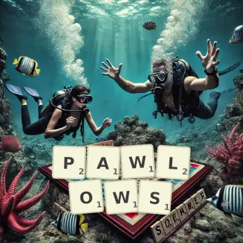 Kreative Illustration für ein Scrabble-Spiel, bei dem das Wort PAWLOWS mit Steinen auf dem Brett gelegt wurde.