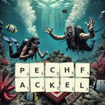 Kreative Illustration für ein Scrabble-Spiel, bei dem das Wort PECHFACKEL mit Steinen auf dem Brett gelegt wurde.