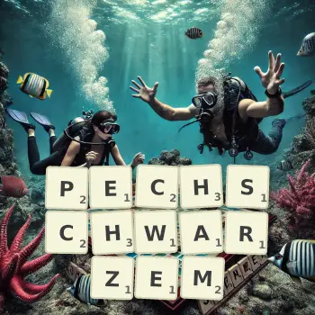 Kreative Illustration für ein Scrabble-Spiel, bei dem das Wort PECHSCHWARZEM mit Steinen auf dem Brett gelegt wurde.