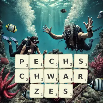 Kreative Illustration für ein Scrabble-Spiel, bei dem das Wort PECHSCHWARZES mit Steinen auf dem Brett gelegt wurde.