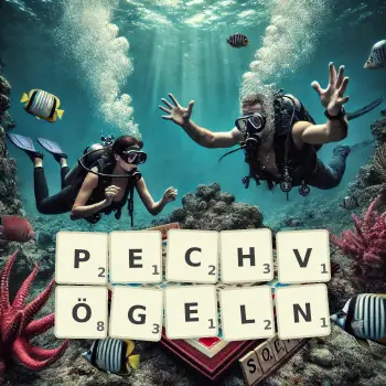 Kreative Illustration für ein Scrabble-Spiel, bei dem das Wort PECHVÖGELN mit Steinen auf dem Brett gelegt wurde.