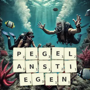 Kreative Illustration für ein Scrabble-Spiel, bei dem das Wort PEGELANSTIEGEN mit Steinen auf dem Brett gelegt wurde.