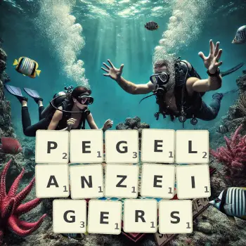 Kreative Illustration für ein Scrabble-Spiel, bei dem das Wort PEGELANZEIGERS mit Steinen auf dem Brett gelegt wurde.