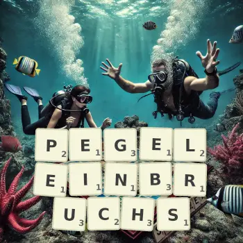 Kreative Illustration für ein Scrabble-Spiel, bei dem das Wort PEGELEINBRUCHS mit Steinen auf dem Brett gelegt wurde.