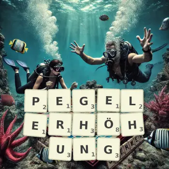 Kreative Illustration für ein Scrabble-Spiel, bei dem das Wort PEGELERHÖHUNG mit Steinen auf dem Brett gelegt wurde.