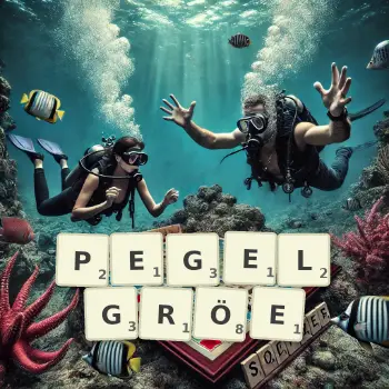 Kreative Illustration für ein Scrabble-Spiel, bei dem das Wort PEGELGRÖE mit Steinen auf dem Brett gelegt wurde.