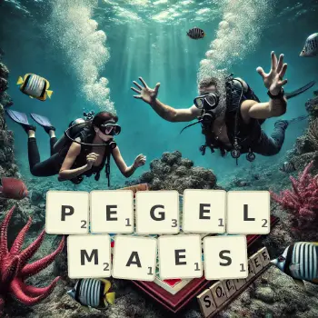 Kreative Illustration für ein Scrabble-Spiel, bei dem das Wort PEGELMAES mit Steinen auf dem Brett gelegt wurde.