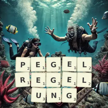 Kreative Illustration für ein Scrabble-Spiel, bei dem das Wort PEGELREGELUNG mit Steinen auf dem Brett gelegt wurde.