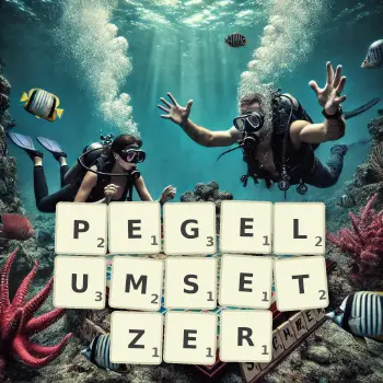 Kreative Illustration für ein Scrabble-Spiel, bei dem das Wort PEGELUMSETZER mit Steinen auf dem Brett gelegt wurde.