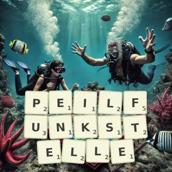 Kreative Illustration für ein Scrabble-Spiel, bei dem das Wort PEILFUNKSTELLE mit Steinen auf dem Brett gelegt wurde.