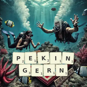 Kreative Illustration für ein Scrabble-Spiel, bei dem das Wort PEKINGERN mit Steinen auf dem Brett gelegt wurde.