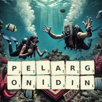 Kreative Illustration für ein Scrabble-Spiel, bei dem das Wort PELARGONIDIN mit Steinen auf dem Brett gelegt wurde.