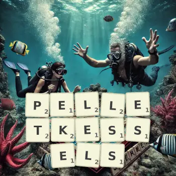 Kreative Illustration für ein Scrabble-Spiel, bei dem das Wort PELLETKESSELS mit Steinen auf dem Brett gelegt wurde.