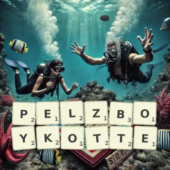 Kreative Illustration für ein Scrabble-Spiel, bei dem das Wort PELZBOYKOTTE mit Steinen auf dem Brett gelegt wurde.