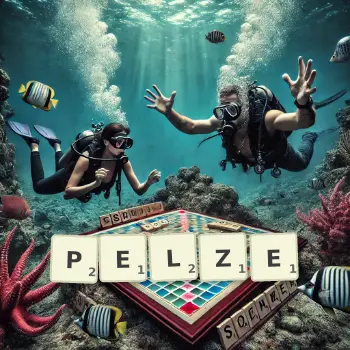 Kreative Illustration für ein Scrabble-Spiel, bei dem das Wort PELZE mit Steinen auf dem Brett gelegt wurde.
