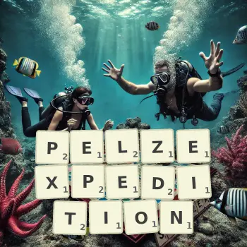 Kreative Illustration für ein Scrabble-Spiel, bei dem das Wort PELZEXPEDITION mit Steinen auf dem Brett gelegt wurde.