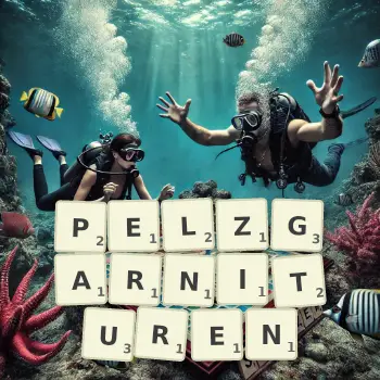 Kreative Illustration für ein Scrabble-Spiel, bei dem das Wort PELZGARNITUREN mit Steinen auf dem Brett gelegt wurde.